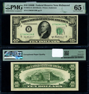 FR. 2012 E $10 1950-B Federal Reserve Note Richmond E-B Block Gem PMG CU65 EPQ - Image 1 of 3