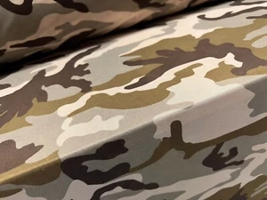 Power Mesh Net Stretch Spandex Fabric, Per Metre - Khaki Cream Camouflage Print - Picture 1 of 3