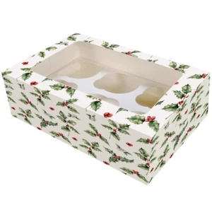 Vintage Holly Festive Christmas Boxes, Duel inserts for Standard & Mini Cupcakes - Picture 1 of 2