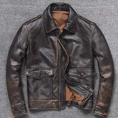 Mens Vintage A2 Bomber AIR Force Style Distressed Brown Real Leather Jacket - Image 1 of 4