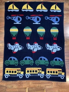 Vtg. Crown Crafts Vuteks Blanket Throw Spread 78x58 1987 School Bus Vw Planes - Picture 1 of 15