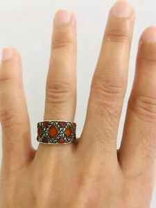 Sterling Silver 925 Ring Vintage Real Marcasite Orange Jade Ring Size 5.5 Unique - Picture 1 of 10
