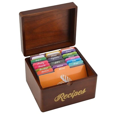 Wooden Recipe Kitchen Cooking Box with 100 Cards 4x6  25 dividers gift for Mom - Image 1 of 4