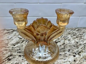 Vintage Marigold Carnival Glass Iris Herringbone Beautiful Double Candle Holder - Picture 1 of 9