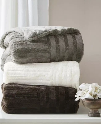 MADISON PARK FAUX FUR  ARTIC CHECKERBOARD THROW 50" X 60" GRAY PLUSH - Image 1 of 2