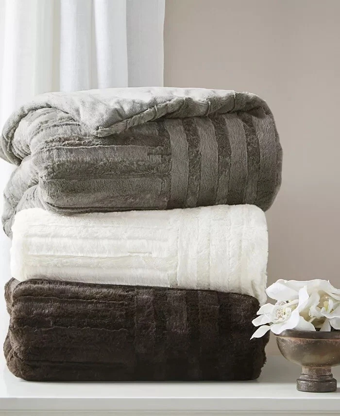 MADISON PARK FAUX FUR  ARTIC CHECKERBOARD THROW 50" X 60" GRAY PLUSH - Image 1 of 2