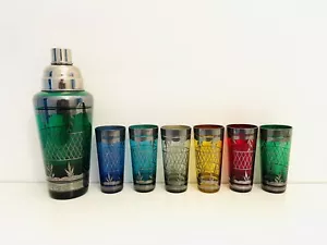 🟢 Art Deco 30er Jahre Cocktail Shaker Set + Muranoglas Gläser mehrfarbig - Bild 1 von 4