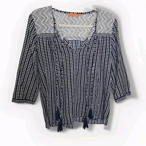 Oliphant Blouse Size M Blue And White Tasseled Beachy Lightweight - Picture 1 of 7