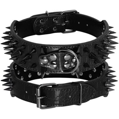 2''Wide Spiked Studded Dog Collar PU Leather Heavy Duty Adjustable for Pitbull } - Image 1 of 4