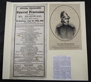 1861 FUNERAL PROGRAMME, SUPERINTENDENT FIRE BRIGADE, Mr BRAIDWOOD + PORTRAIT - Picture 1 of 5