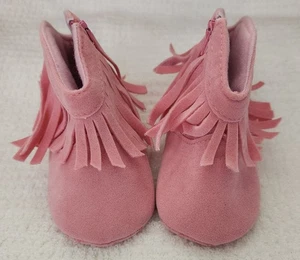 Baby Pink Fringe Cowboy Boots Infant Size 2 Soft Sole Zippered Crib Shoes - Picture 1 of 9