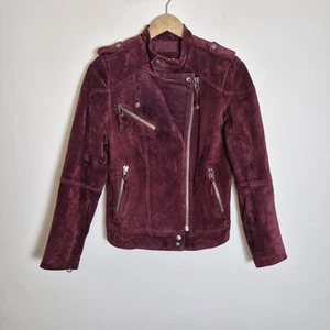 Mango M Burgundy Suede Real Leather Biker Jacket - Picture 1 of 15