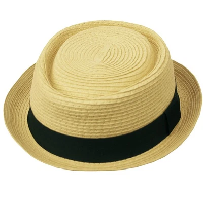 Sombrero de ala Derby Fedora Upturn pequeño-mediano para hombre elegante pastel de cerdo de paja de verano Foto 1 de 3