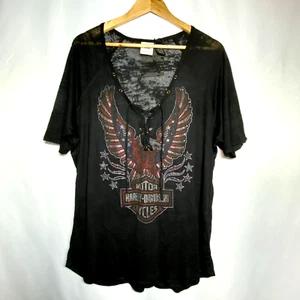 Harley Davidson Womens Black Shirt Burnout Rhinestones Eagle Lace-Up-V-Neck  XXL - Picture 1 of 13