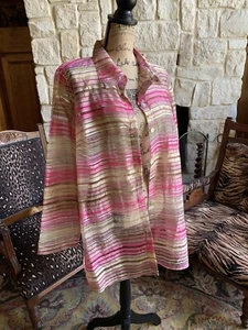 QVC Citiknits Sheer Pink Beige Ribbon Stripe Organza Duster Jacket Medium 46” 31 - Picture 1 of 12