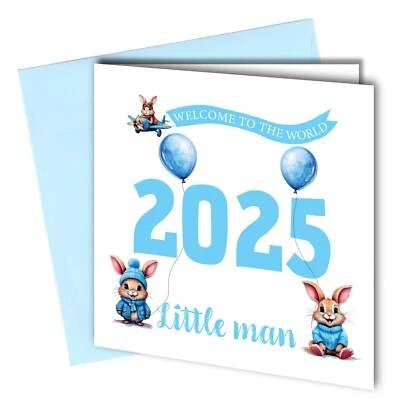 #1820 Welcome to the world little man congratulations card / new baby bunny blue - Image 1 of 2