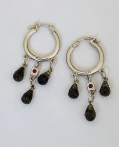 Elle Sterling Silver 925 Ruby Topaz Dangle Smoky Quartz Chandelier Hoop Earrings - Picture 1 of 16