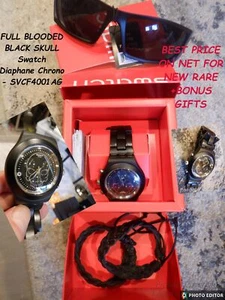 NUEVO CON ETIQUETAS CALAVERA NEGRA SANGRIENTA COMPLETA Swatch Diaphane Chrono SVCF4001AG + REGALOS ADICIONALES - Imagen 1 de 7