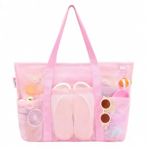Pink Large Mesh Beach Bag  - Zipper, 8 Pockets, Waterproof & Sandproof - Picture 1 of 7