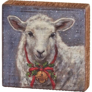 Decorative Wooden Block Sign - Farmhouse Sheep Wearing Christmas Bell 4x4 NEW - Picture 1 of 2