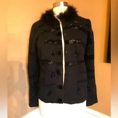 Suéter Berek Vintage Lentejuelas Encaje Malla Inserción Cuello Piel M Foto 1 de 4