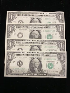 4 CONSECUTIVE $1 1963 B Uncirculate (JOSEPH BARR) Federal Reserve Note (em71) - Picture 1 of 2