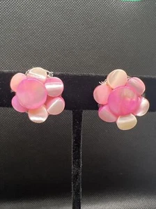Vintage Earrings Clip On Pink Beaded Cluster Button Japan 1 Inch - Picture 1 of 5