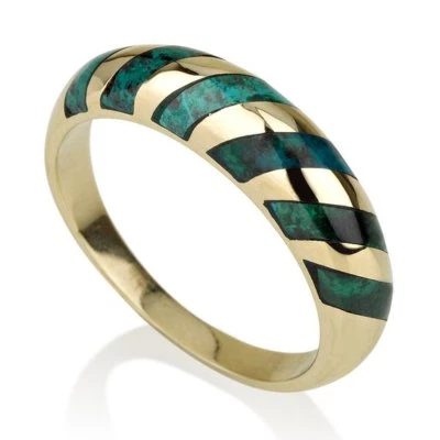 Eliat Stone Jewish Ring In 14K Yellow Gold Domed Striped Solid Judaica Jewelry — 第 1/4 张图片