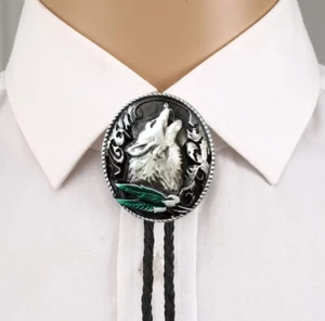 Westernkrawatte Bolo Western Krawatte Kordel Metall Wolf Feder Cowboy Tie - Bild 1 von 3