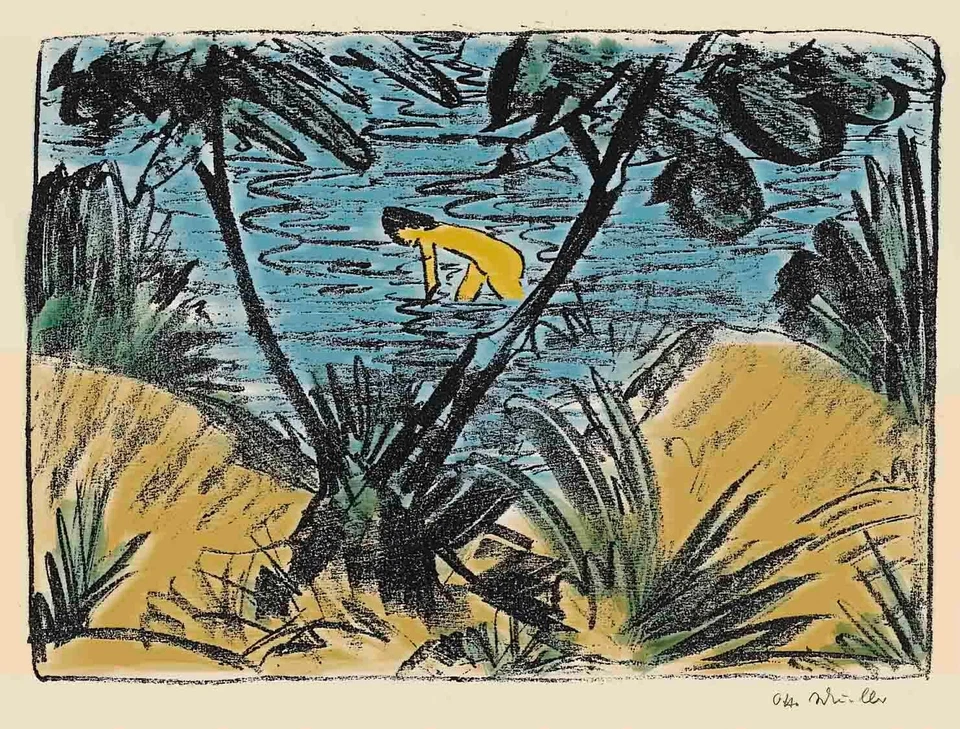 Otto Müller - Badende junge Frau hinter einem gegabelten Baum auf Fehmarn, 1919 - Bild 1 von 1