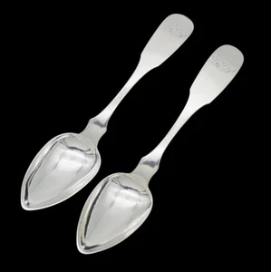 Nice Pair Coin Silver Serving Spoons c1825 Fiddle Pattern J Watson Phila 8 1/2in - Picture 1 of 4