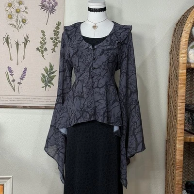 Blusa Y2k cinza floresta dramática manga alargamento bruxa capricho gótico vampiro P M - Imagem 1 de 4