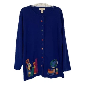 Vintage Bechamel Cardigan Sweater Alphabet Teacher 90s Woman’s XL Blue - Picture 1 of 10