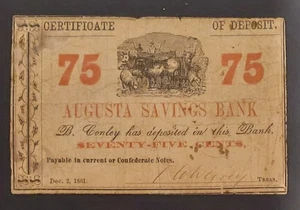 1861 Augusta Savings Bank 75 Cents Certificate of Deposit Georgia Civil War - Picture 1 of 6