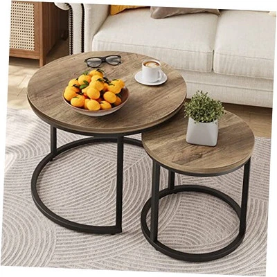  Nesting Coffee Table Set of 2, 23.6" Round Coffee Table Wood Grain Top with  - Image 1 of 4