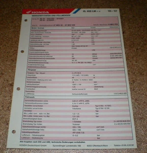 Inspektionsblatt / Service Daten - Honda XL 600 - ab 1985 - Bild 1 von 1