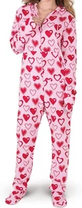 PajamaGram Women's One Pc Hoodie Footie, Zip Front, Snuggle Fleece Sweetheart MD - Picture 1 of 6