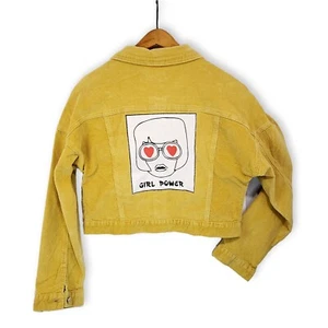 Girl Power Women's Mustard Yellow Corduroy Jacket Crop Graphic Design Medium - Picture 1 of 4