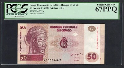 Congo Democratic 50 Francs 04-01-2000 P91a Uncirculated Graded 67 - Image 1 of 2