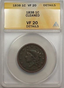 1838 Large Cent 1C Coin ANACS VF 20 Details Cleaned (C) - Picture 1 of 2