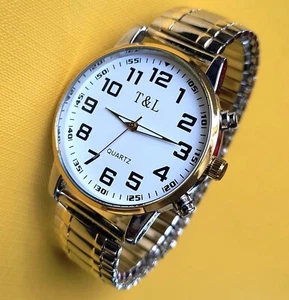 Quarz Uhr Flexband Edelstahl gold silber Zugband Herrenuhr Armbanduhr geprüft - Bild 1 von 4