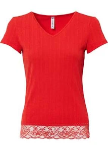 Camiseta con encaje en el dobladillo talla 32/34 rojo señal camiseta mujer top blusa túnica nueva - Imagen 1 de 1