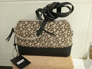 DKNY BRYANT crossbody, adjust strap, black brown monogram, goldtone, BNWOT auth - Picture 1 of 16