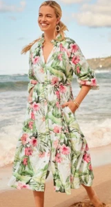 NWT TOMMY BAHAMA DAYBREAK HIBISCUS Midi/Maxi DRESS 100% LINEN TROPICAL FLORAL M - Picture 1 of 12