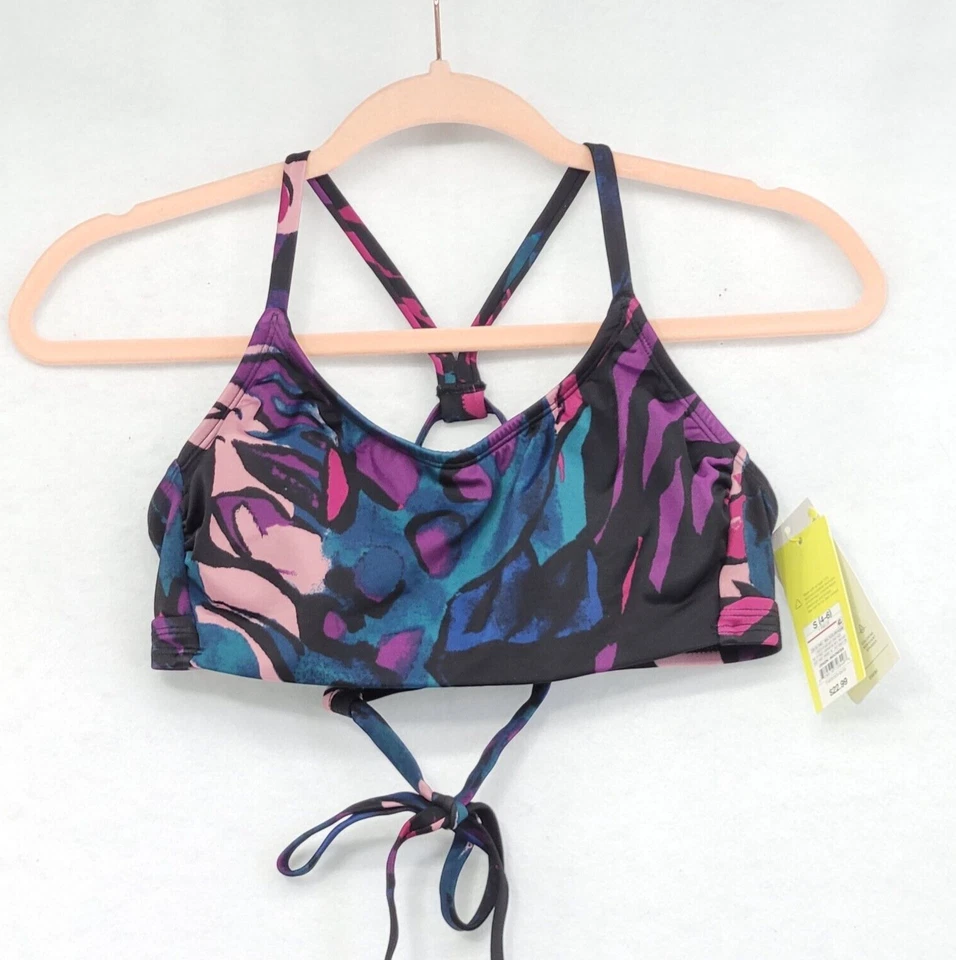 Black Floral Small Strappy Tie Back Bralette Bikini Swim Top All in Motion