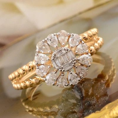 0.70ct Lab Grown CVD Diamond Baguette & Pear Floral 14k Yellow Gold Beaded Ring - Image 1 of 4
