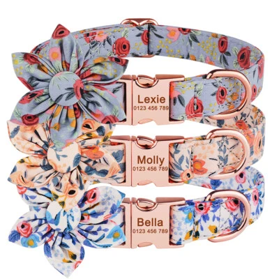 个性化女孩花朵狗项圈重型名称 ID 标签刻有 S M L 小狗 — 第 1/4 张图片
