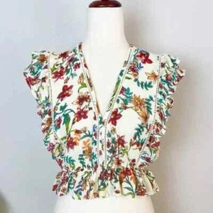 RAGA Women's Size S My Paradise Cream Floral Ruffle Sleeve V-Neck Crop Top - Picture 1 of 10