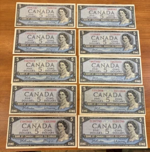 Canada 1954 $5 bank note lot of 10 notes - Picture 1 of 2