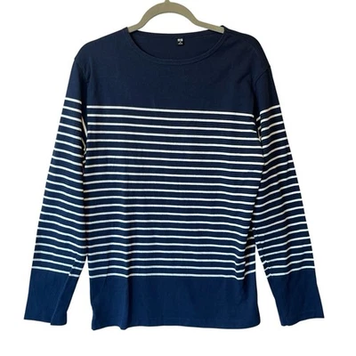 Uniqlo Top Punto Pesado Mediano Náutico Azul Rayas Cuello Barco Camisa Manga Larga Foto 1 de 4